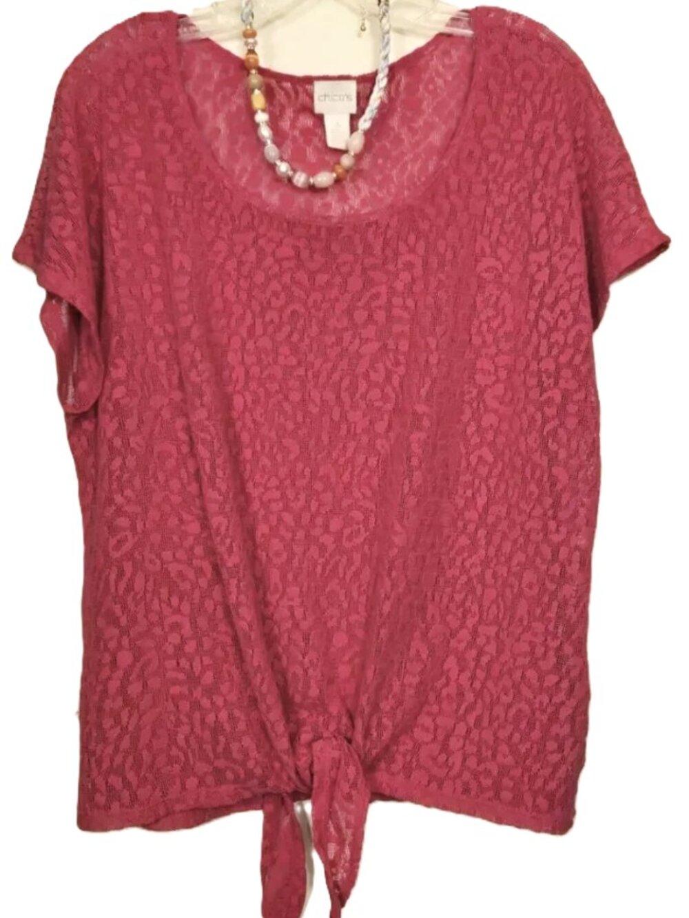 Chicos 💗 Hot Pink Leopard Lace Crochet Tie Blouse Women's 3 / XL Short Sleeve